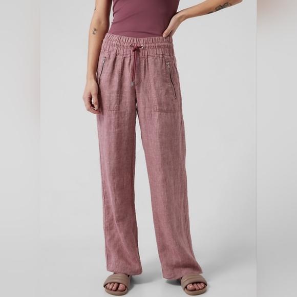 Athleta Cabo Linen Wide Leg Pants Trousers Elasticated Drawstring Waist Rose US4 - Picture 2 of 13